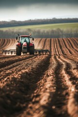 Red tractor is driving through a field of dirt. The tractor is in the middle of the field and is surrounded by dirt. The field is mostly empty, with only a few trees in the background