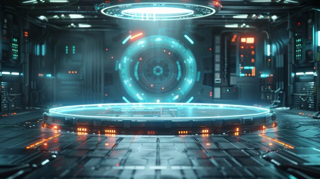 Futuristic Sci Fi Platform with Glowing Lights and Circular Display