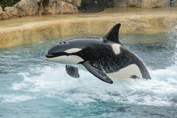 Obraz premium Orcinus Orca | Adult Killer Whale Jumping Out of Water | Aquatic Mammal in America