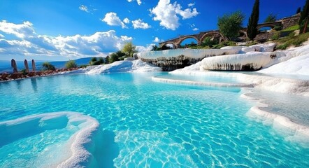 Fototapeta premium Pamukkale Tour: Travertine Travels in Turkey, Scenic Views with Turquoise and Blue Lakes