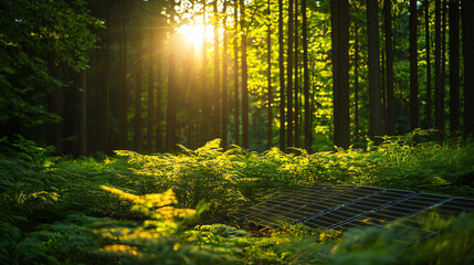 Solar panels integrated in a forest, symbolizing renewable energys role in ecosystem sustainability