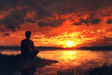 Fototapeta premium Personal Reflection: Caucasian Man Contemplating the Beauty of a New Day