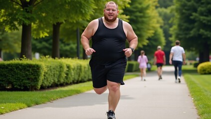 Obese man running in the park for fitness improvement