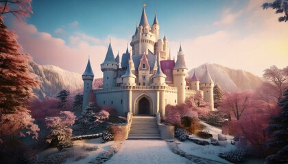 A castle with a pink sky and pink flowers in the foreground