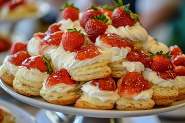 Scone. Baked British Cake with Strawberry Jam and Clotted Cream for Afternoon Tea
