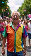 Obraz premium Elderly man in rainbow attire celebrates Gay Pride Parade surrounded by confetti colorful balloons during Summer Street Party - Pride Month LGBTQ