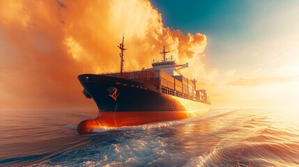 Naklejka premium A cargo ship sails on a calm sea during the golden hour. The warm sunlight casts a golden glow over the ship and the water, creating a serene and beautiful scene.