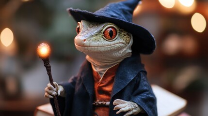 Fototapeta premium Gecko dressed as a wizard with a tiny glowing staff standing in front of a spell book, wizard gecko, Halloween reptile costume