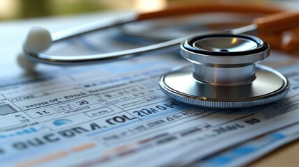 A stethoscope rests on medical paperwork, symbolizing healthcare.