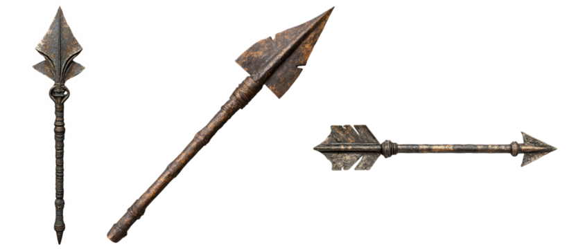 Ancient Arrows, rustic metalwork, varied angles, historical weaponry display Isolated on white background or PNG