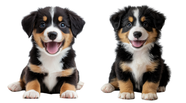 Joyful puppies, fluffy siblings, playful expressions, sitting, white background, vibrant colors, bright eyes, lively mood Isolated on white background or PNG