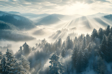 winter coniferous forest covered with snow in evening. AI generative.