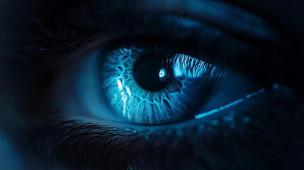 Naklejka premium Close-Up of a Vibrant Blue Eye in Low Light