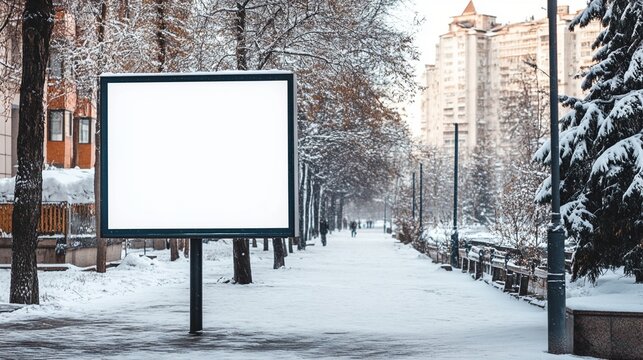 Snowy urban park pathway with empty billboard, surrounded by frost-covered trees and buildings, creating a serene winter cityscape atmosphere.