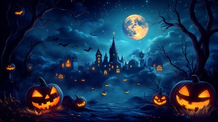 Fototapeta premium Halloween eerie night sky with twinkling stars and a full moon