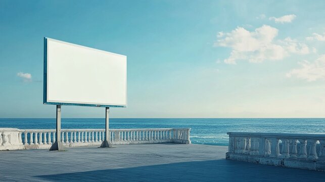 Blank billboard stands on a serene oceanfront promenade, inviting imagination against the backdrop of azure waters and sky, perfect for advertising or dreamy contemplation.