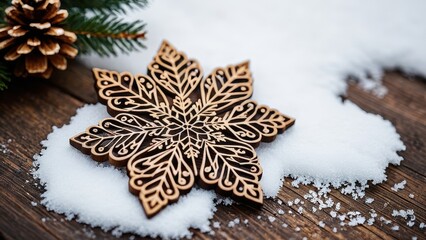 A wooden snowflake ornament hangs from a tree branch with lush green needles, resting above a blanket of pristine snow, evoking holiday cheer.