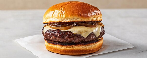 Smoky beef patty with caramelized onions, melted gouda, brioche bun, dramatic side lighting, modern table setup