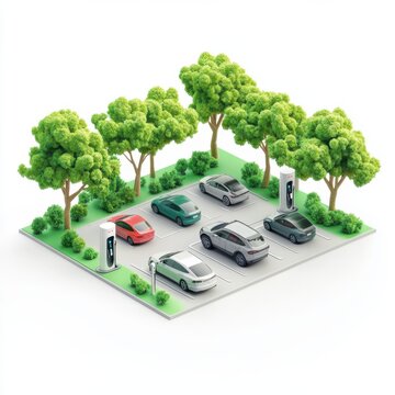 isomatic miniature parking lot with electric charging stations, surrounded by green trees, illustrating sustainable urban infrastructure.