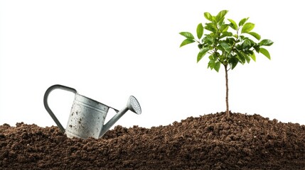 Young tree and watering can in soil signify growth, sustainable gardening practices, and environmental conservation for a greener future.