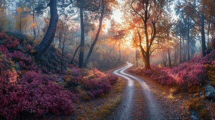 Obraz premium A winding dirt road through a misty autumn forest, with vibrant red and yellow foliage, leading towards a sunlit clearing.