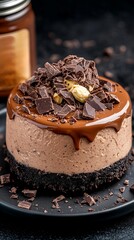 Close-up of a decadent chocolate cheesecake topped with chocolate shavings and a drizzle of chocolate sauce.