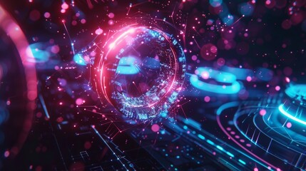 Obraz premium Complex digital environment with a futuristic rotating sphere emitting glowing particles, representing advanced technology, innovation, and the digital world