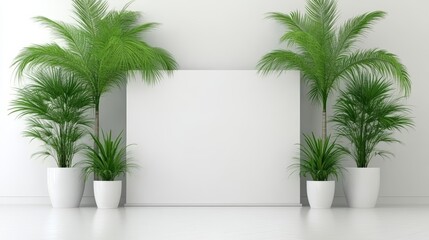 Fototapeta premium Serene green oasis, two potted palm trees flourish in a minimalist white room with blank sign
