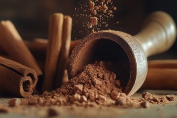 Ground Cinnamon and Sticks on Rustic Surface