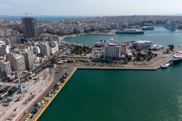 Obraz premium Aerial View of Piraeus Port with Ferries and Coastal Cityscape, Athens, Greece