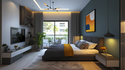 Modern minimalist bedroom featuring a low platform bed, monochrome linens, and a single colorful art piece above the bed