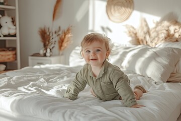 Fototapeta premium a happy baby in a green shirt crawling on a white bed, a stock photo with a simple composition, a feminine and sunny light background