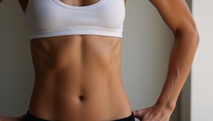 Close-up of fit woman working out with white sports bra on