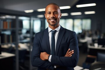 Fototapeta premium Man in a suit and tie is smiling and posing for a photo. Concept of professionalism and confidence
