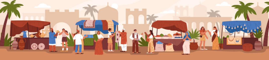 Fototapeta premium Oriental bazaar vector illustration, Eastern market trade tent with handmade carpets, jewelry, pottery and spices