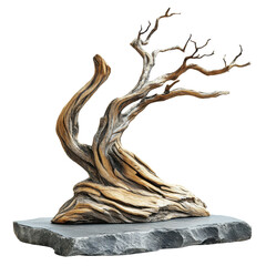 Fototapeta premium An artistic wooden sculpture resembling twisted branches, elegantly displayed on a stone base against a black background.