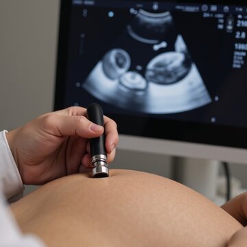 A doctor conducts an ultrasound scan on a pregnant woman using a transducer to visualize her baby inside