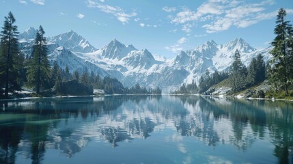 Fototapeta premium Beautiful mountain lake with snow-capped mountains in the background. The water is calm and still, reflecting the surrounding landscape. Concept of tranquility and serenity