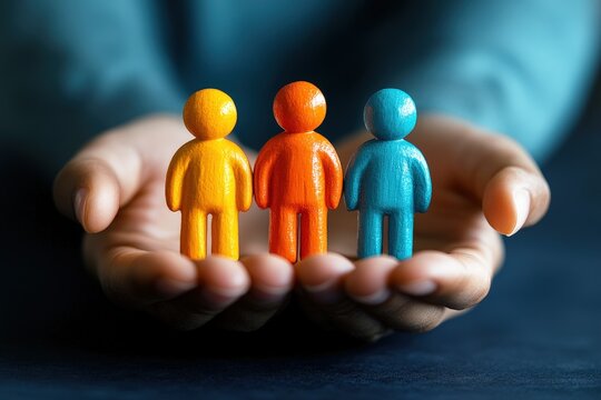 Protecting Our People: Colorful figurines representing a diverse team are carefully cradled in hands, symbolizing care, support, and the value of human capital.  