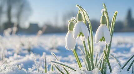 Delicate snowdrops bloom through a frosty landscape, signaling the transition to spring.