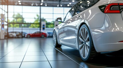 Fototapeta premium Bright and Clean Electric Car in Modern Showroom