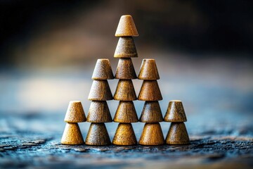 Wooden Cones Pyramid: Abstract image of wooden cones arranged in a pyramid shape on a rustic wooden surface.  Symbolizing growth, stability, and construction.