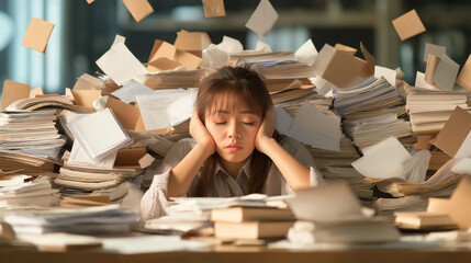 burnout Asian woman at desk with cluttered papers, face resting in hands, dim office lighting