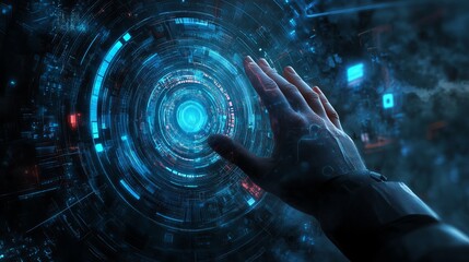 Fototapeta premium Futuristic Hand and Digital Circle Interface on Abstract Technology Background