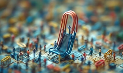 Obraz premium Tiny people playing with giant paper clips, using them as slides in a playful office break