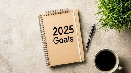 Naklejka premium Notebook with 2025 goals, pen, coffee cup, and a plant on a light surface, ideal for planning and organization.