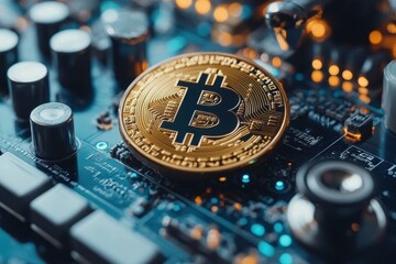 Close-up of a golden Bitcoin on a circuit board, symbolizing digital currency technology