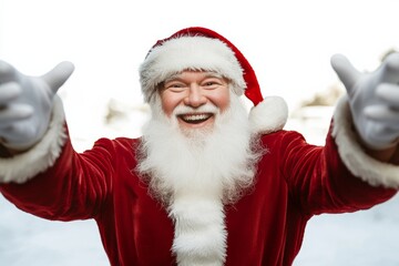Smiling man in a red Santa Claus suit is giving a hug. The man is wearing a white glove on his left hand