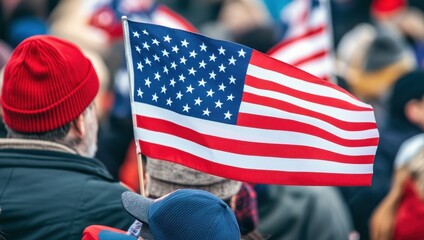 Crowd with American Flags at Political Rally, Sunny Day, Red and Blue Caps in Foreground