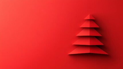 Fototapeta premium Red background with a paper tree on it. Red background. Minimalist red background with a three-dimensional Christmas tree shape, suitable for festive decoration or packaging design